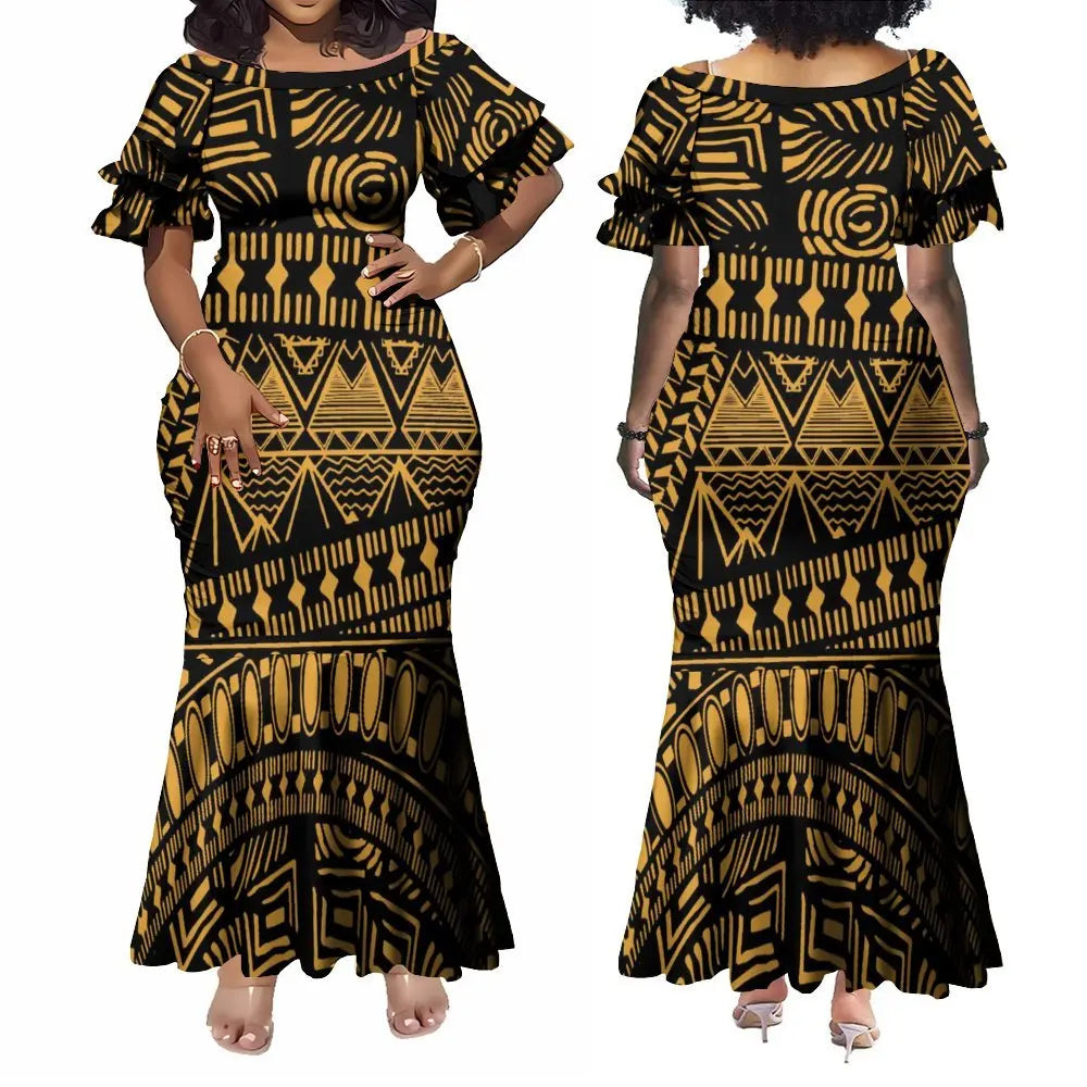 Polynesian Traditional Printed Island Geometric Pattern Fishtail Dress And Hawaiian Shirt Matching Outfit For Couple Set For Him Her