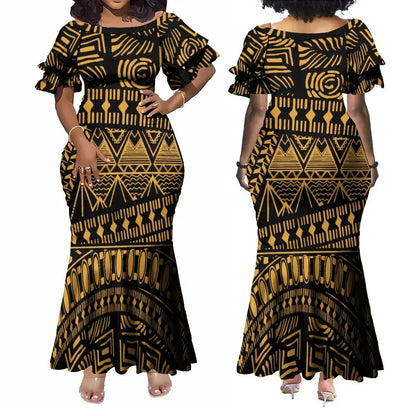 Polynesian Traditional Printed Island Geometric Pattern Fishtail Dress And Hawaiian Shirt Matching Outfit For Couple Set For Him Her