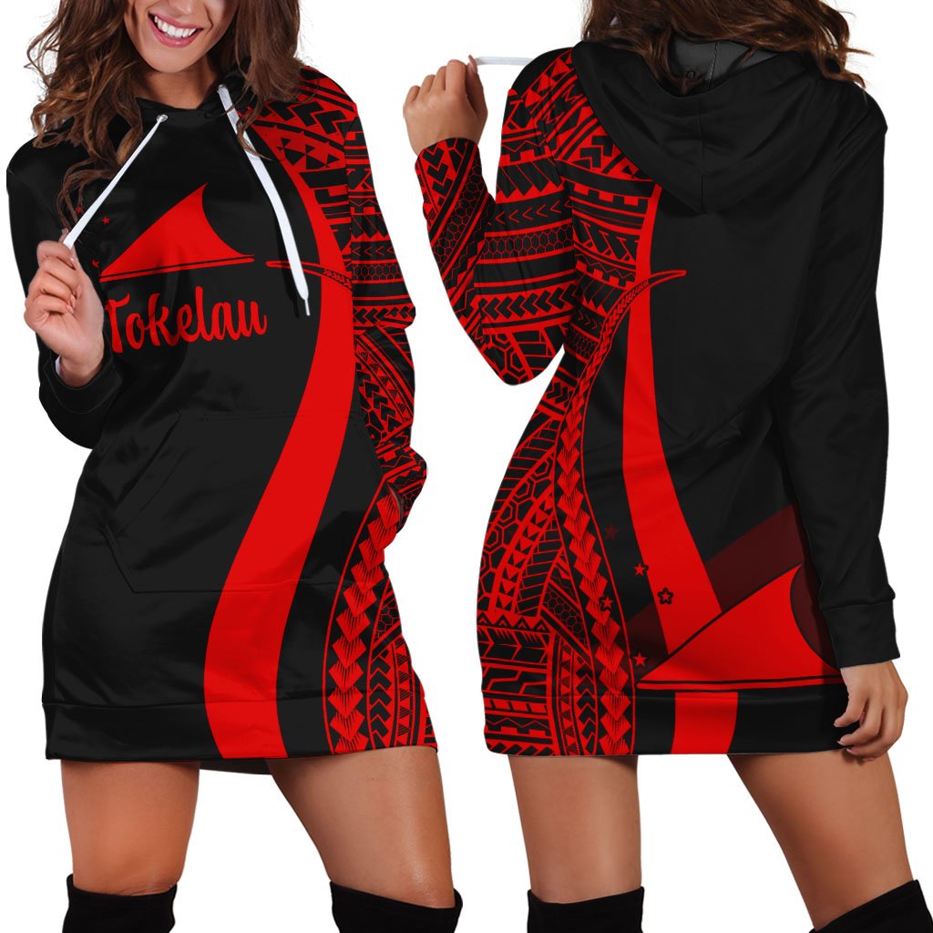 Tokelau Women's Hoodie Dress Red Polynesian Tentacle Tribal Pattern