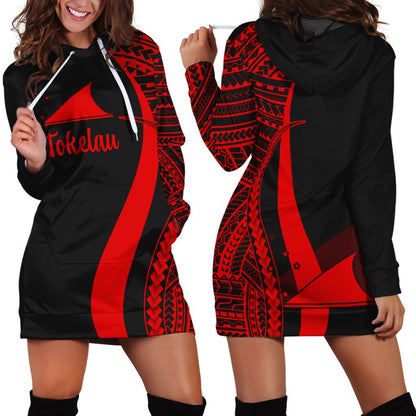 Tokelau Women's Hoodie Dress Red Polynesian Tentacle Tribal Pattern