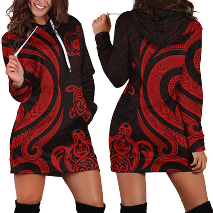 Samoa Women Hoodie Dress Red Tentacle Turtle