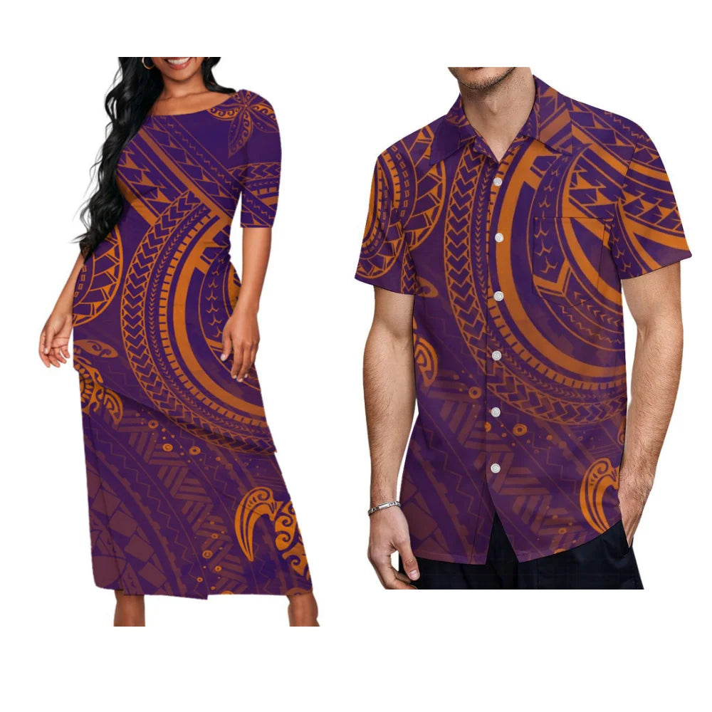 Tropical Polynesian Island Matching Outfit For Couple Women Puletasi Men's Shirt For Him Her