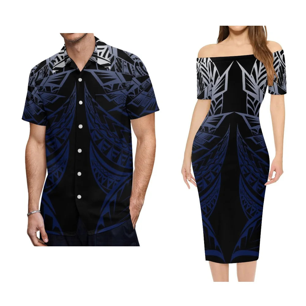 Polynesian Tribal Pattern Black Tropical Outfit For Couple Polynesian Island Off Shoulder Lady Short Sleeve Dress And Men's Hawaiian Shirt For Her Him