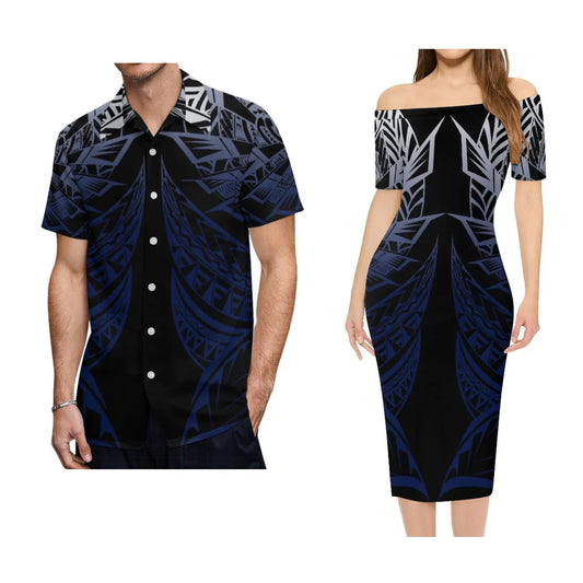 Polynesian Tribal Pattern Black Tropical Outfit For Couple Polynesian Island Off Shoulder Lady Short Sleeve Dress And Men's Hawaiian Shirt For Her Him