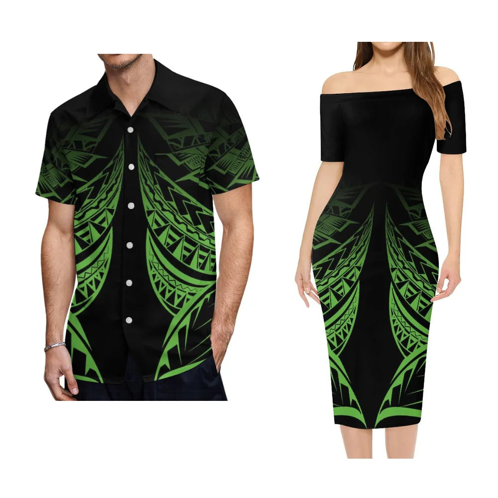 Polynesian Tribal Flowers Pattern Tropical Outfit For Couple Green Polynesian Island Off Shoulder Lady Short Sleeve Dress And Men's Hawaiian Shirt