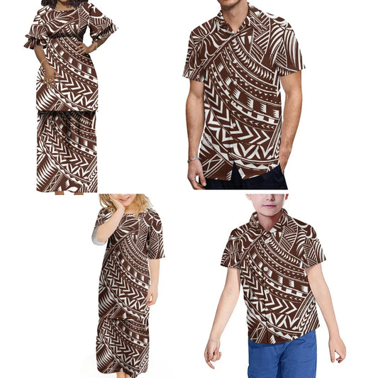 Polynesian Tribal Family Set Vintage Puletasi Double layer Horn Sleeve Dress And Men's Shirt Matching Outfit For Family