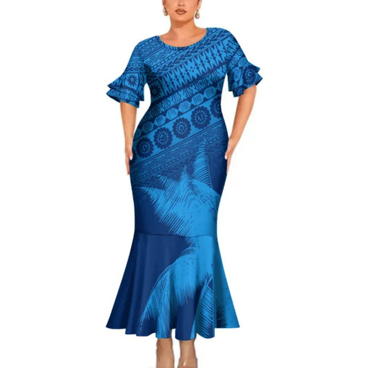 Polynesian Tribal Blue Printed Couples Matching Outfit Fishtail Skirt Dress And Shirt For Her Him