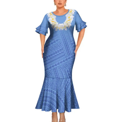 Polynesian Tribal Flowers Necklace Pattern Couple Clothing Tropical Fishtail Dress And Hawaiian Shirt Matching Outfit For Couple