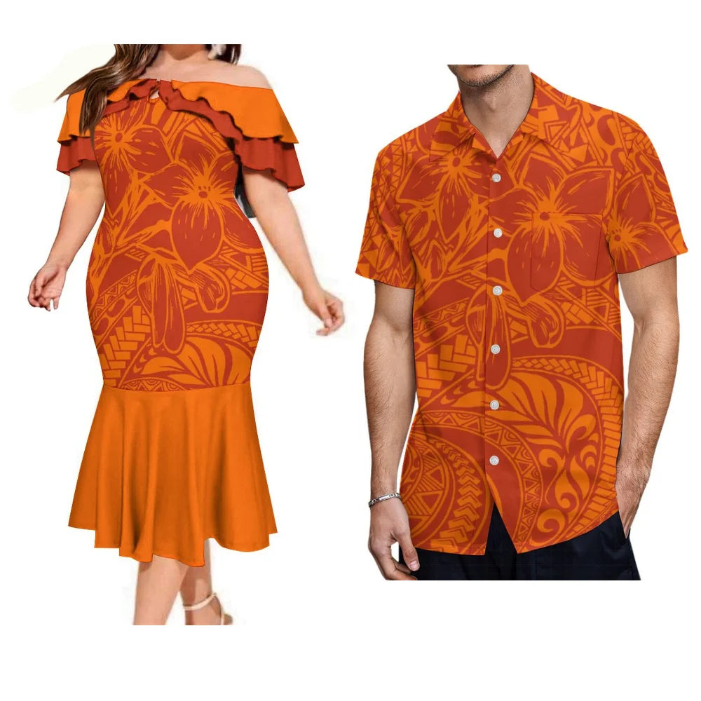 Island Flowers Style Orange Couple Suit Matching Outfit For Couple Polynesian Dress And Shirt Outfit Set