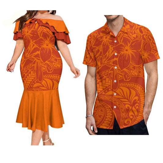 Island Flowers Style Orange Couple Suit Matching Outfit For Couple Polynesian Dress And Shirt Outfit Set