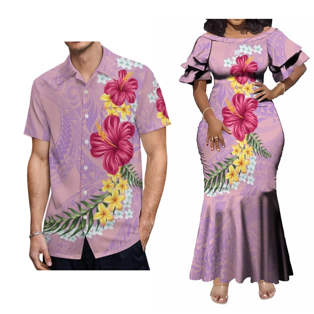Polynesian Samoan Hibiscus Flowers Pink Couple Set For Her Him Tropical Short-Sleeved Fishtail Dress And Hawaiian Shirt