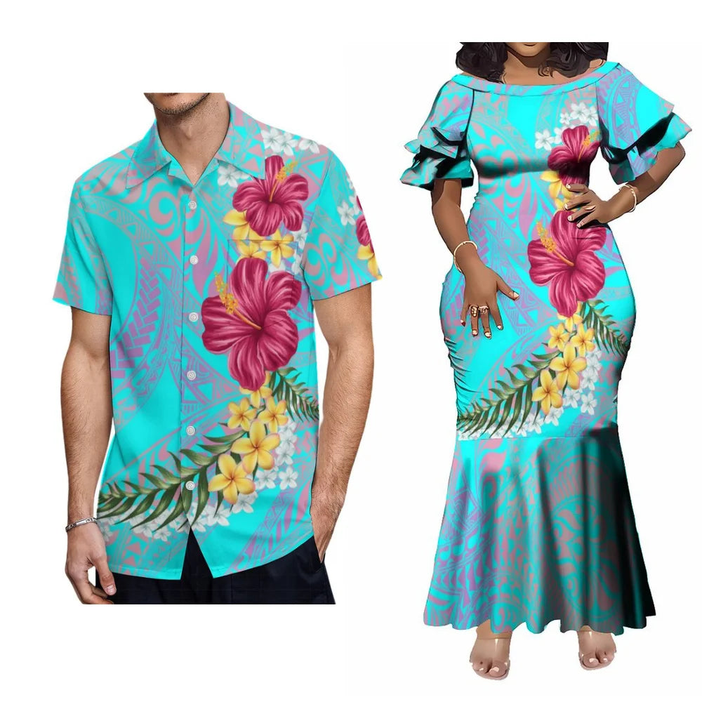 Polynesian Samoan Hibiscus Flowers Couple Set For Her Him Tropical Short-Sleeved Fishtail Dress And Hawaiian Shirt