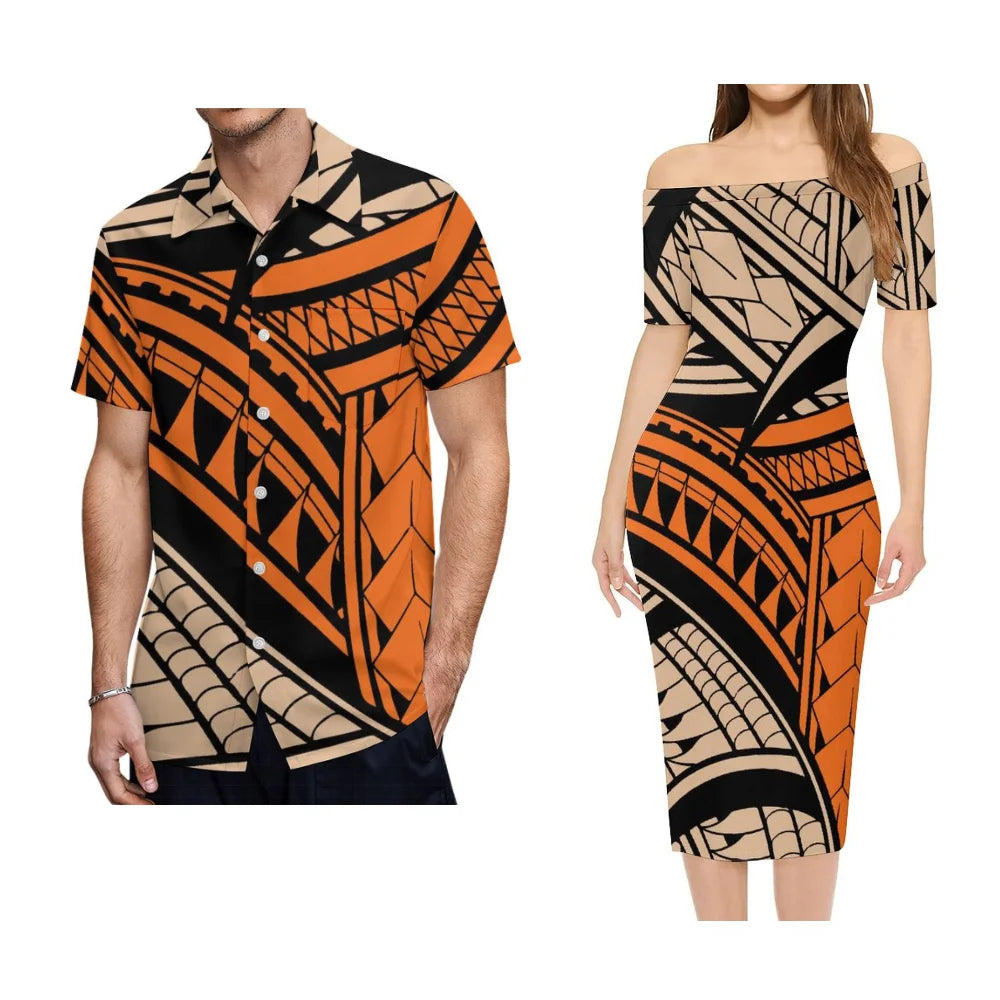 Polynesian Tribal Pattern Tropical Outfit For Couple  Polynesian Island Off Shoulder Lady Short Sleeve Dress And Men's Hawaiian Shirt