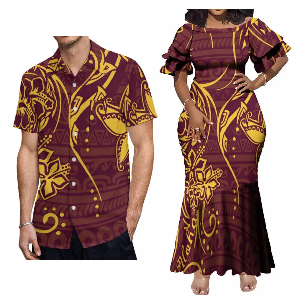 Polynesian Flowers Pattern Party Fishtail Skirt Dress And Shirt Polynesian Tribal Island Brown Matching Outfit For Him Her