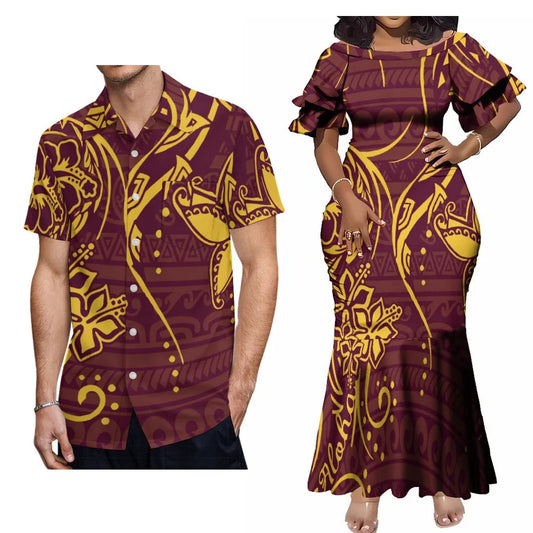 Polynesian Flowers Pattern Party Fishtail Skirt Dress And Shirt Polynesian Tribal Island Brown Matching Outfit For Him Her