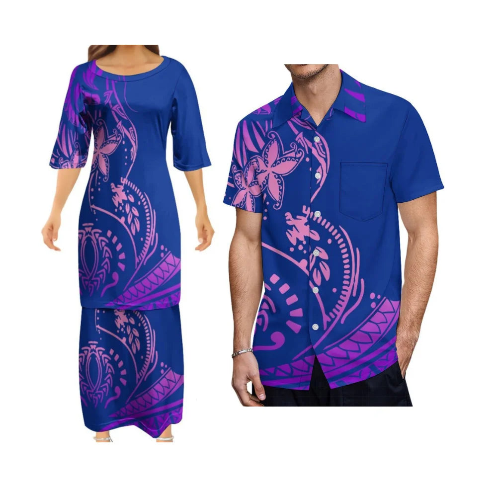 Vintage Polynesian Tribal Pattern Outfit For Couple Island Curve Style Dress And Hawaiian Shirt Matching Set