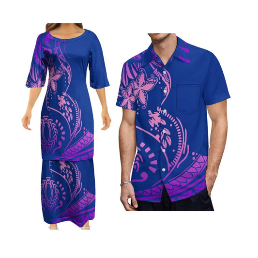 Vintage Polynesian Tribal Pattern Outfit For Couple Island Curve Style Dress And Hawaiian Shirt Matching Set