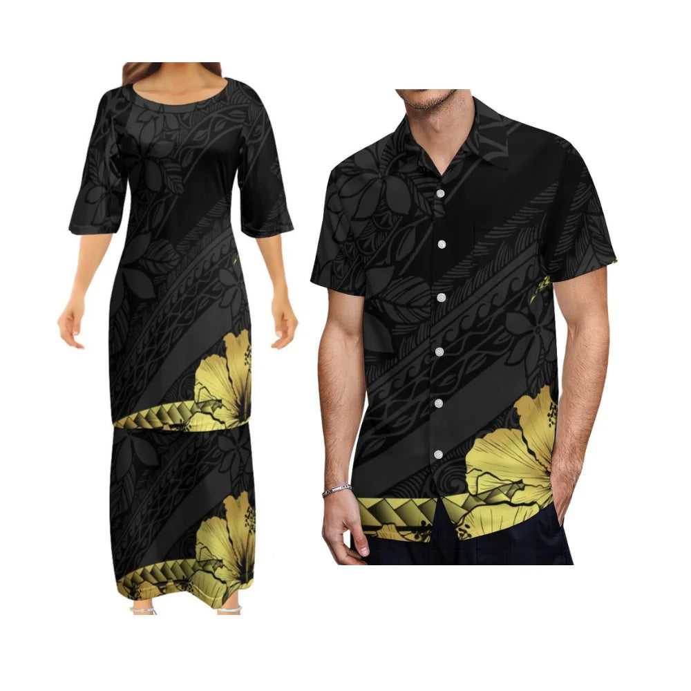 Polynesian Tribal Pattern Black Outfit For Couple Island Dress And Hawaiian Shirt Matching Set
