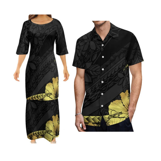 Polynesian Tribal Pattern Black Outfit For Couple Island Dress And Hawaiian Shirt Matching Set
