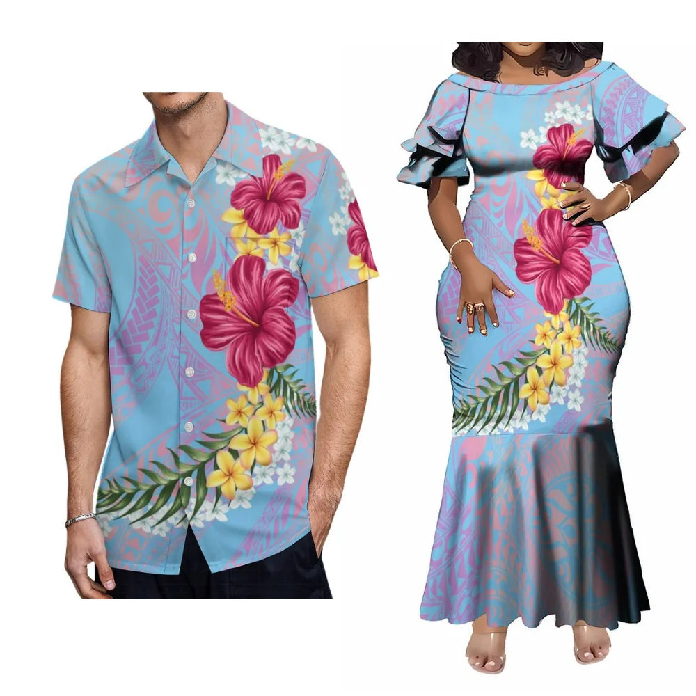 Polynesian Samoan Couple Set For Her Him Tropical Short-Sleeved Fishtail Dress And Hawaiian Shirt