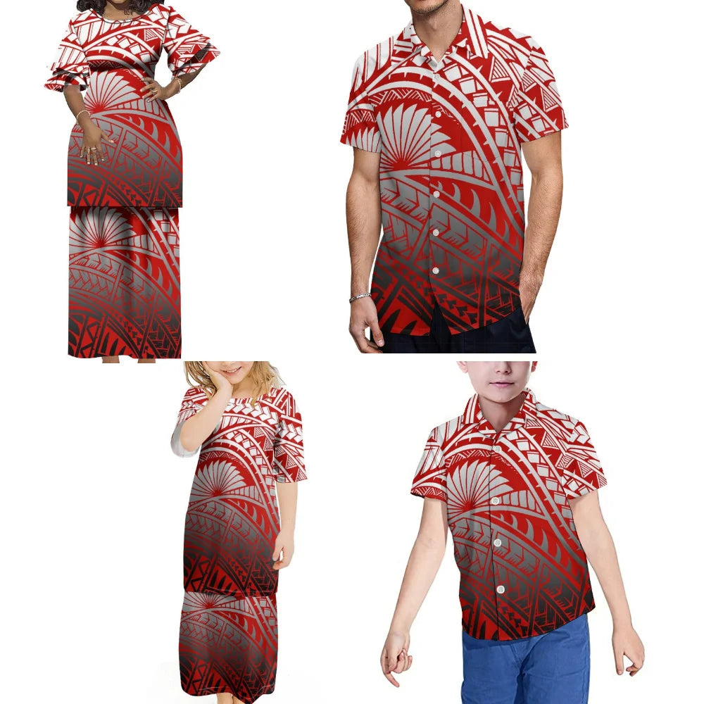 Polynesian Tribal Family Set Vintage Puletasi Double layer Horn Sleeve Dress And Men's Shirt Red Matching Outfit For Family