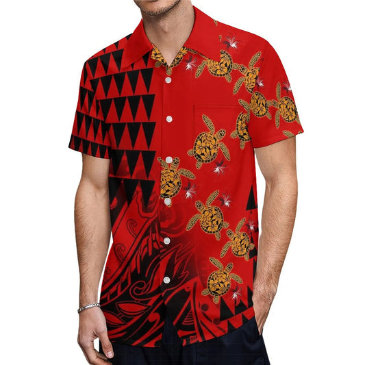 Polynesian Printed Turtle Pattern Red Matching Outfit For Couple Clothing Tropical Fishtail Dress And Shirt For Her Him