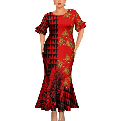 Polynesian Printed Turtle Pattern Red Matching Outfit For Couple Clothing Tropical Fishtail Dress And Shirt For Her Him