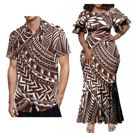 Polynesian Tribal Party Matching Outfit For Couple Island Fishtail Dress And Hawaiian Shirt