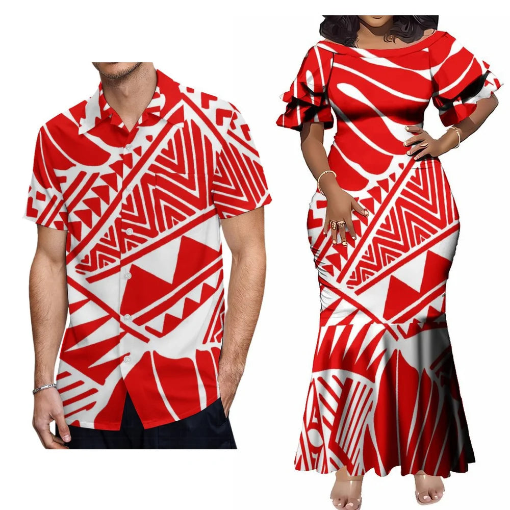 Polynesian Pattern Red Party Fishtail Skirt Dress And Shirt Polynesian Tribal Island Matching Outfit For Him Her