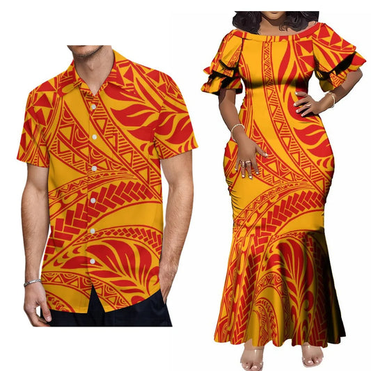 Orange Party Matching Outfit For Couple Polynesian Tribal Island Fishtail Dress And Hawaiian Shirt
