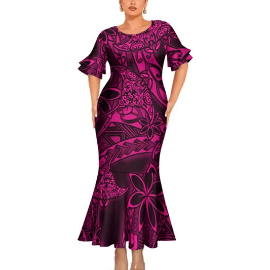 Flowers Tropical Pattern Polynesian Tribal Outfit For Couple Fishtail Skirt Dress And Hawaiian Shirt