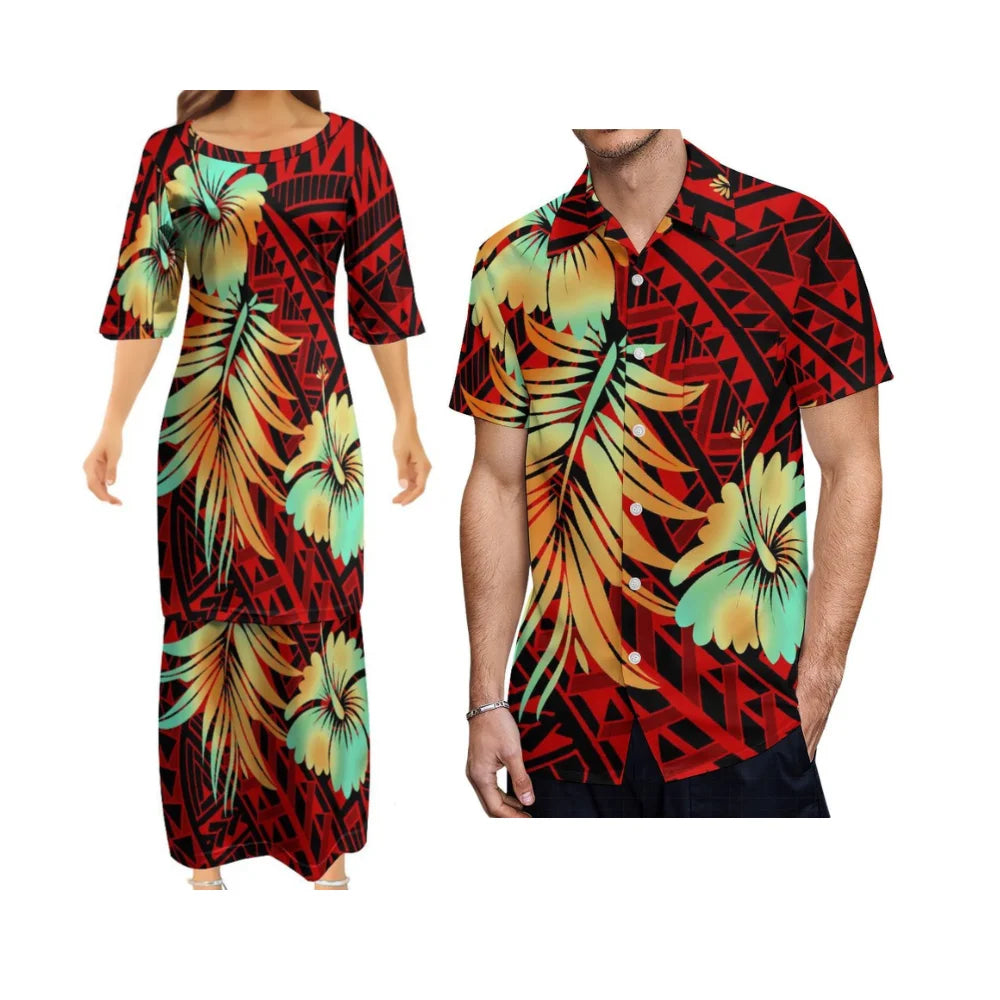 Polynesian Tribal Pattern Hibiscus Flowers Outfit For Couple Island Dress And Hawaiian Shirt Matching Set