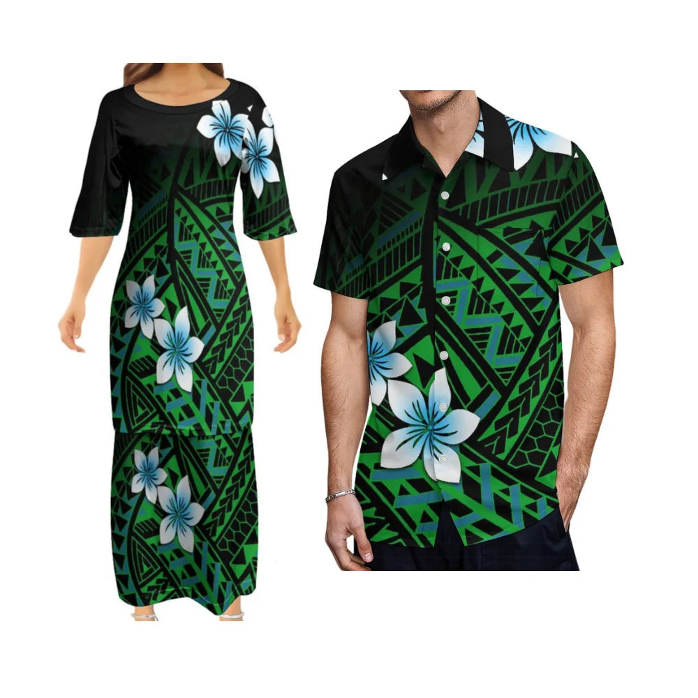 Polynesian Tribal Flowers Pattern Outfit For Couple Island Dress And Hawaiian Shirt Matching Set