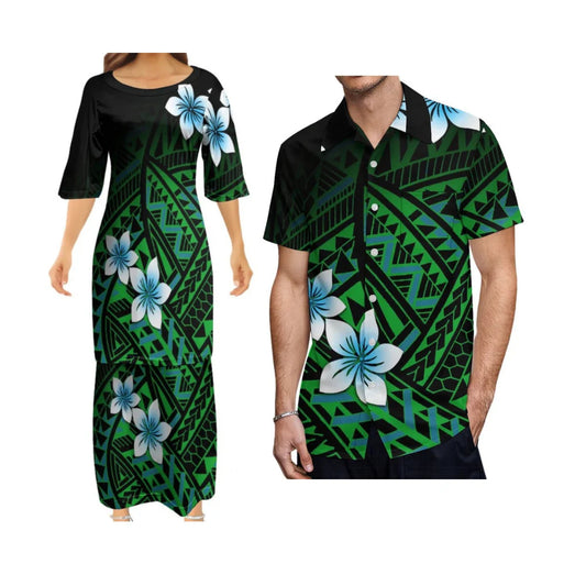 Polynesian Tribal Flowers Pattern Outfit For Couple Island Dress And Hawaiian Shirt Matching Set