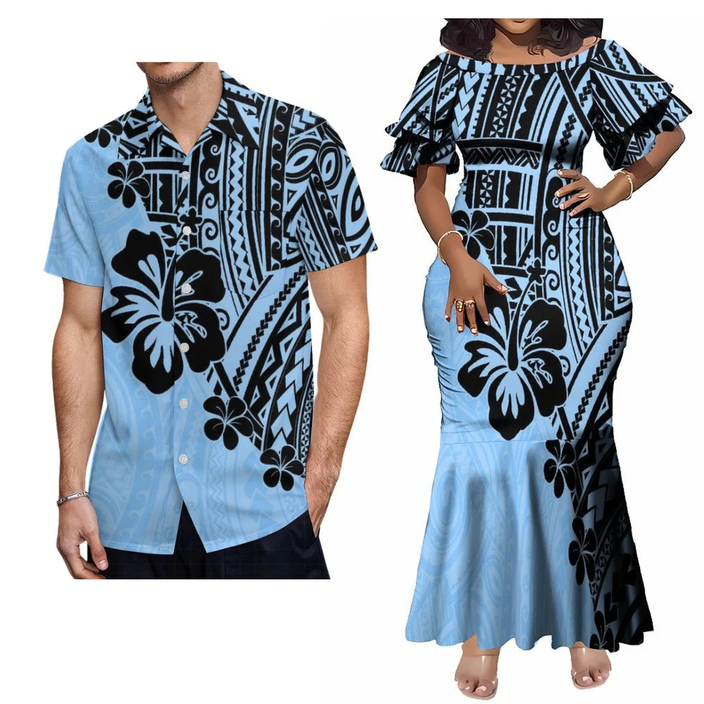 Polynesian Tribal Island Flowers Pattern Blue Matching Outfit For Couple Traditional Women's Short-Sleeved Mermaid Long Dress Men Hawaii Shirt