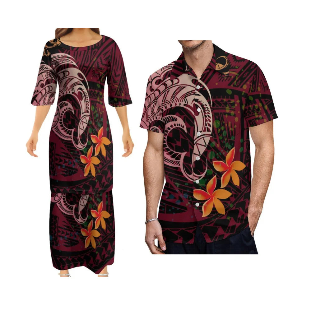 Polynesian Tribal Plumeria Flowers Pattern Outfit For Couple Island Brown Dress And Hawaiian Shirt Matching Set
