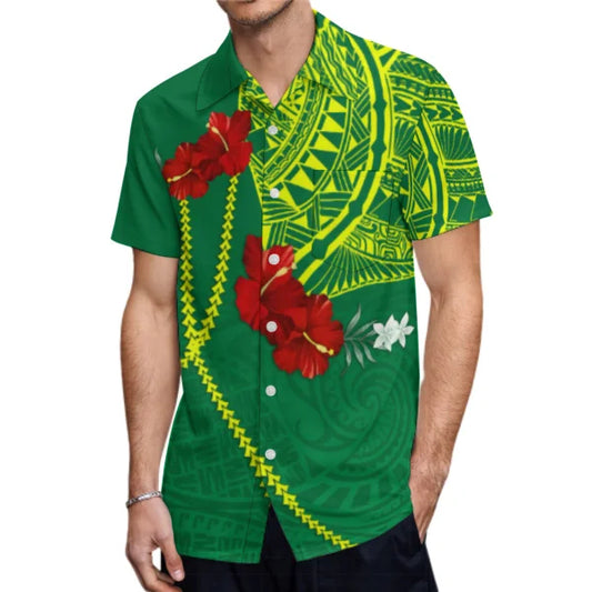 Polynesian Tribal Flowers Pattern Green Matching Outfit For Couple Puletasi Dress Man Shirt Party Set