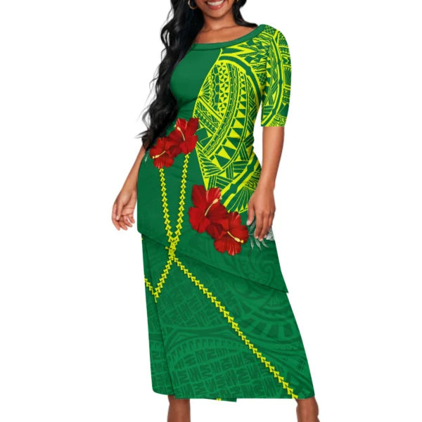 Polynesian Tribal Flowers Pattern Green Matching Outfit For Couple Puletasi Dress Man Shirt Party Set