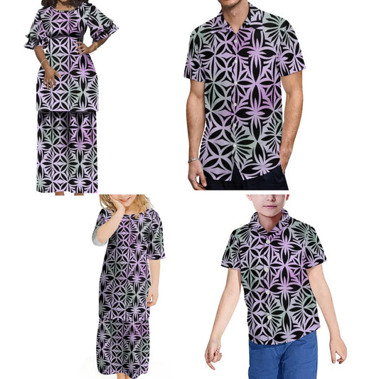 Polynesian Tribal Family Set Vintage Puletasi Double layer Horn Sleeve Dress And Men's Shirt Island Matching Outfit For Family