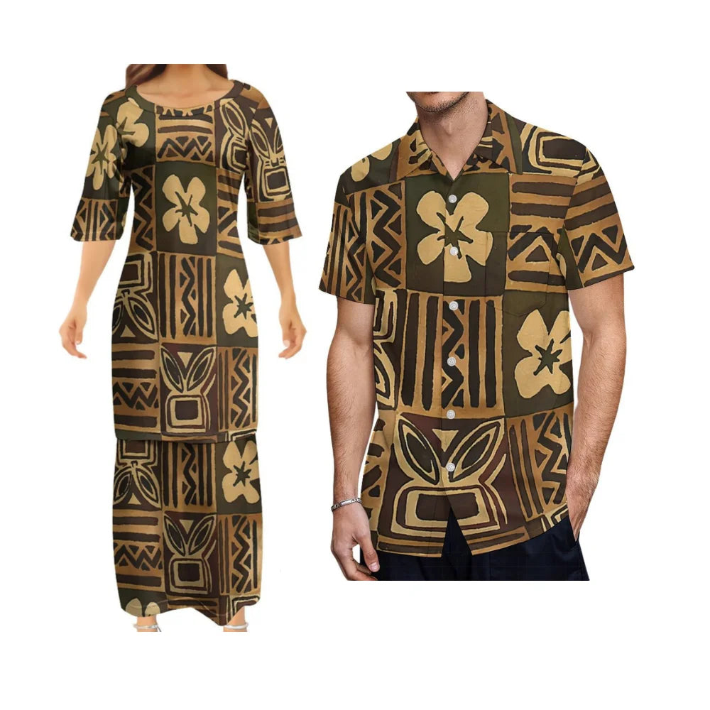 Polynesian Tribal Pattern Outfit For Couple Island Brown Dress And Hawaiian Shirt Matching Set