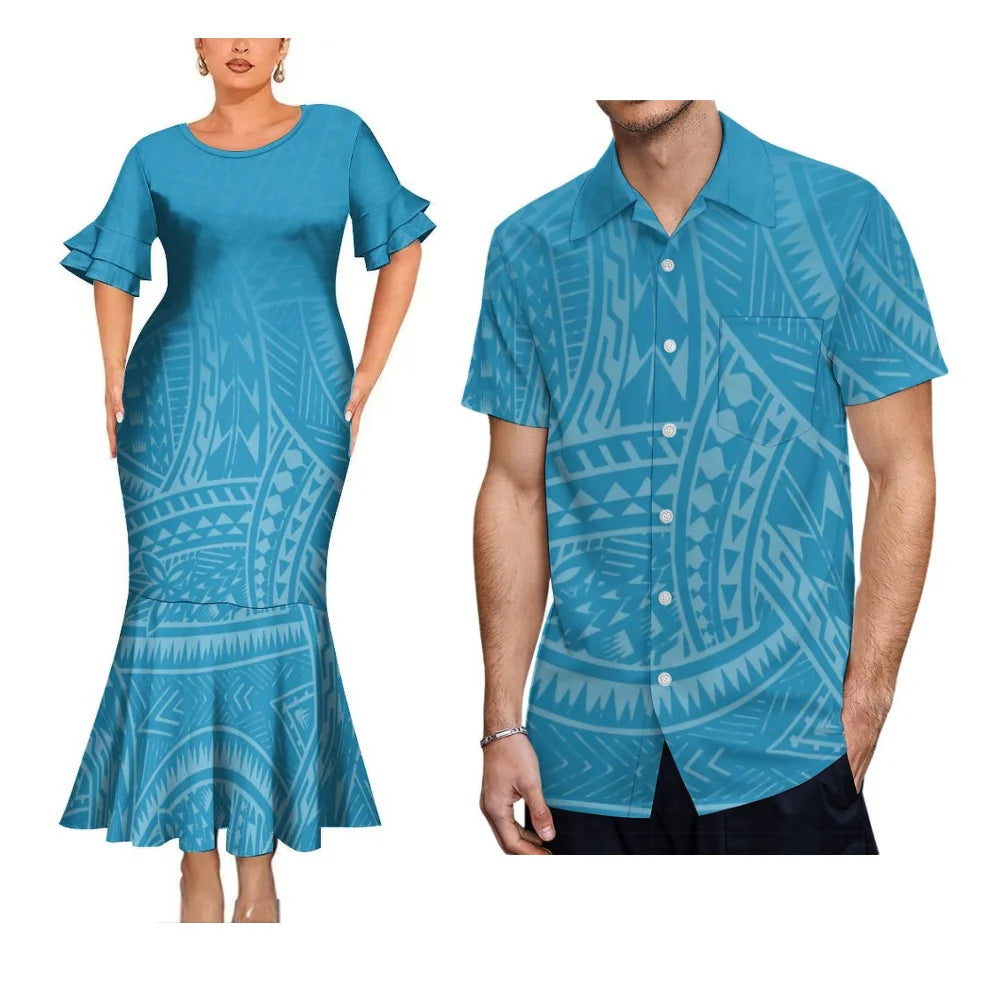 Polynesian Tribal Blue Matching Outfit For Her Him Island Fishtail Skirt Dress And Hawaiian Shirt Couple Set