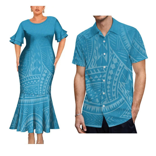 Polynesian Tribal Blue Matching Outfit For Her Him Island Fishtail Skirt Dress And Hawaiian Shirt Couple Set