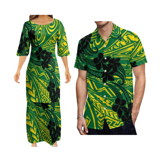 Polynesian Tribal Plumeria Flowers Pattern Green Outfit For Couple Island Brown Dress And Hawaiian Shirt Matching Set