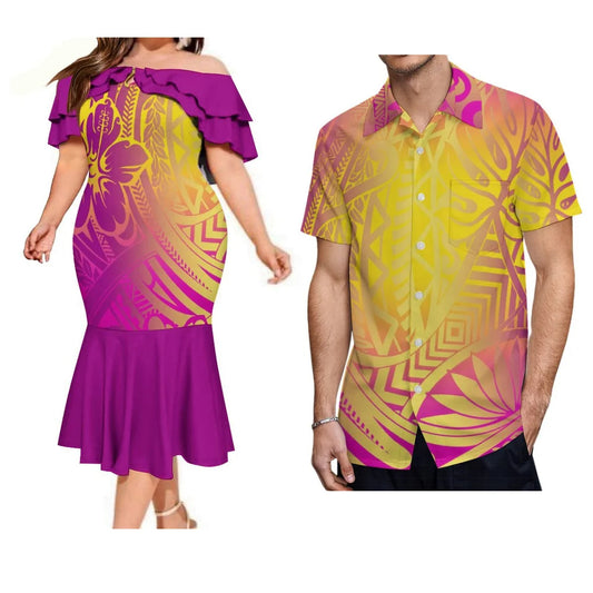 Island Flowers Style Couple Suit Matching Outfit For Couple Polynesian Dress And Shirt Outfit Set