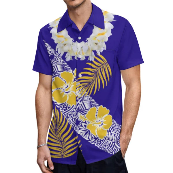 Polynesian Tribal Hibiscus Flowers Necklace Pattern Couple Clothing Tropical Fishtail Dress And Hawaiian Shirt Matching Outfit For Couple