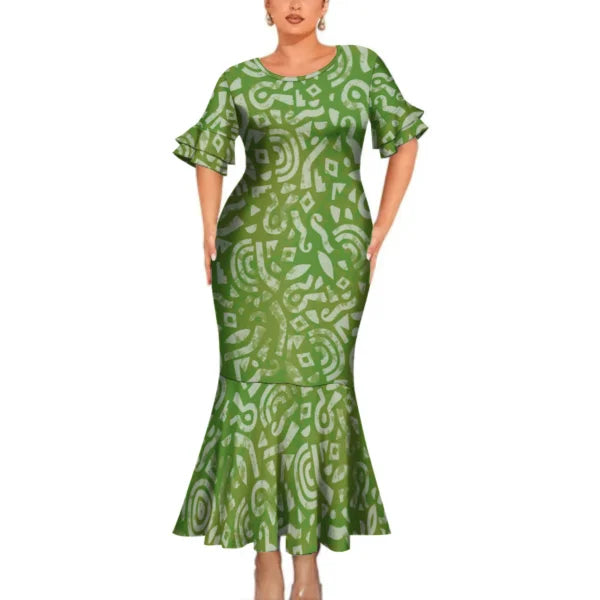 Polynesian Tribal Pattern Green Couples Matching Outfit Fishtail Skirt Dress And Shirt For Her Him