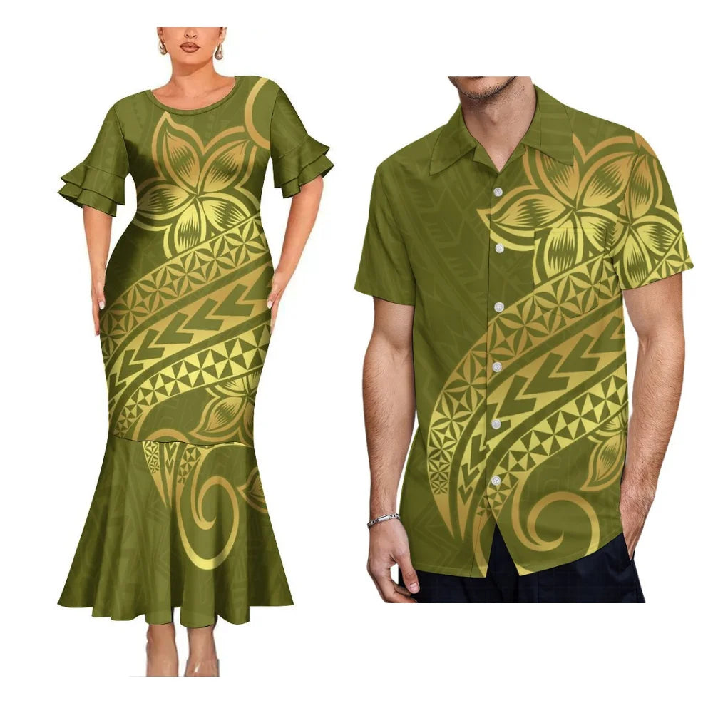 Polynesian Tribal Pattern Matching Clothes For Couple Fishtail Skirt Dress And Hawaii Shirt Couple Outfit