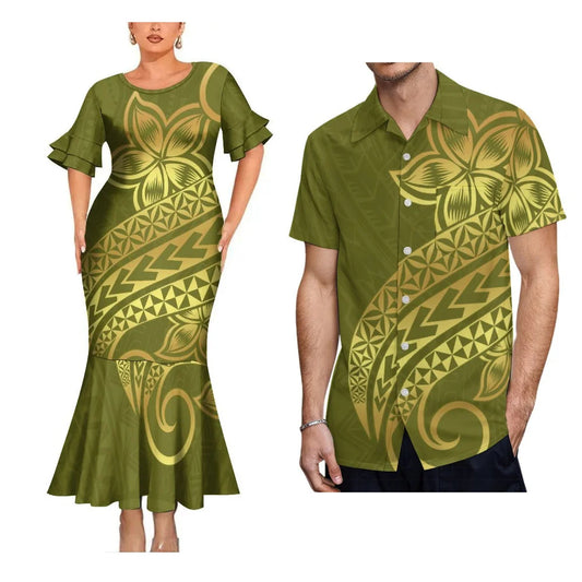 Polynesian Tribal Pattern Matching Clothes For Couple Fishtail Skirt Dress And Hawaii Shirt Couple Outfit