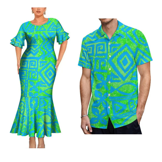 Polynesian Tribal Pattern Party Matching Outfit For Coupler Island Fishtail Dress And Hawaiian Shirt For Him Her