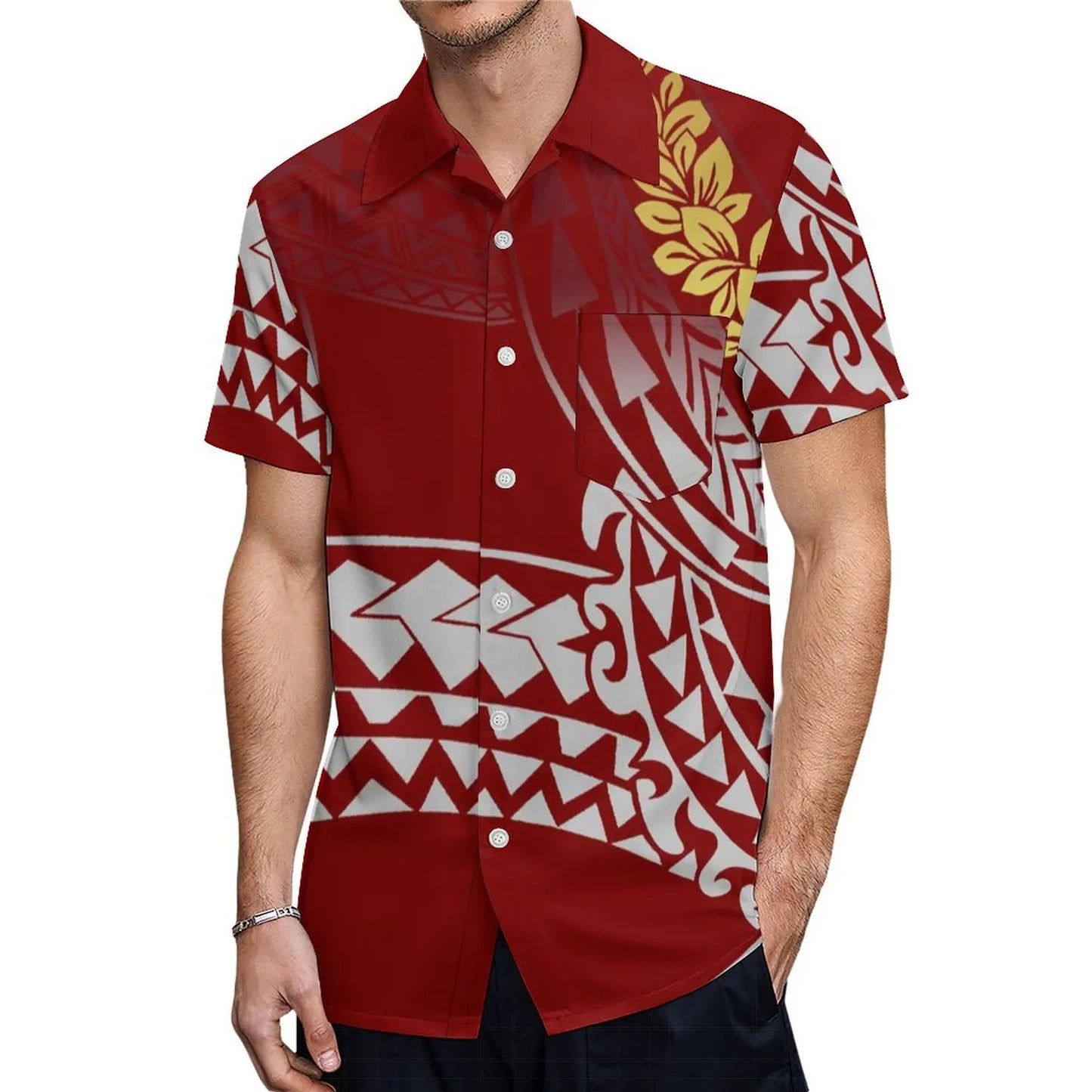 Polynesian Traditional Printed Island Flowers Pattern Red Fishtail Dress And Hawaiian Shirt Matching Outfit For Couple Set For Him Her